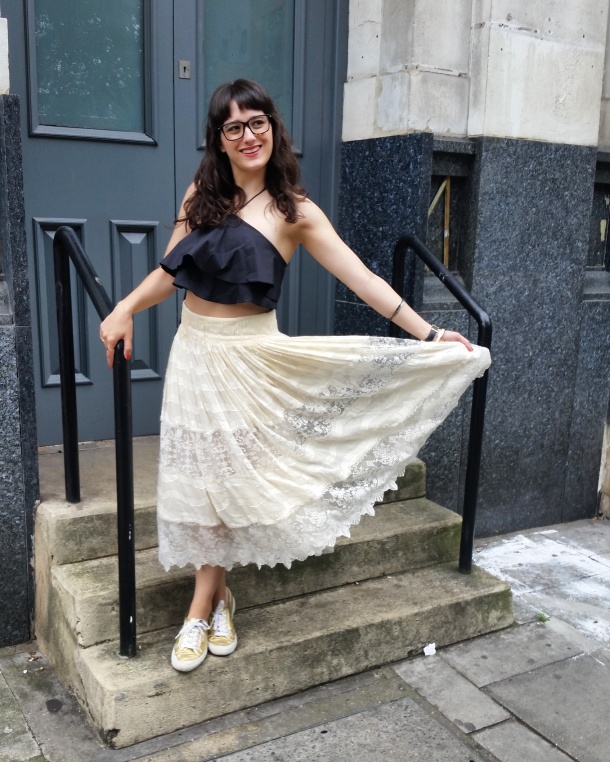 Call Me Katie - What I Wore - Lace Skirt and Zara crop top with gold trainers for a weekend look 7
